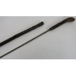 A 19th century bamboo sword stick swagger stick with bamboo root handle, flat steel blade (38cm) and