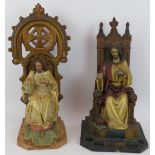 Two antique religious plaster figures of Jesus Christ sitting on Gothic style thrones, one marked