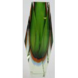 A mid-century Murano glass Sommerso vase with graduated green, orange and blue layers. Height