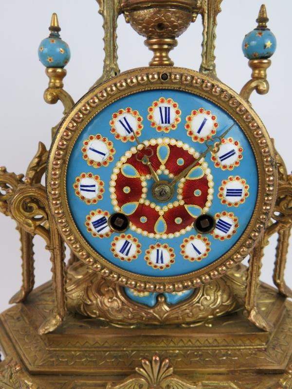 A late 19th century French gilt-metal cased striking mantle clock in the Islamic taste with blue en - Image 2 of 7