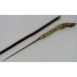 A 19th century Doe's foot walking cane sword stick with square form steel blade (25cm long),