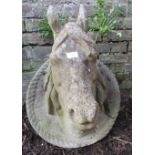 A nicely weathered reconstituted stone wall mounted horse?s head on roundel with rope twist