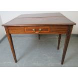 A Georgian mahogany turnover tea table, the inlaid single drawer with brass swan neck handle, on