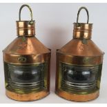 A large pair of Nunn Risdale & Co copper and brass port and starboard lamps c1899-1920 with interior