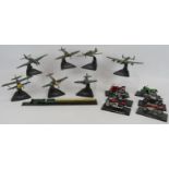 Seven metal model WW2 aeroplanes on stands including Spitfire, Hurricane etc plus six model