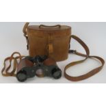 A pair of WWI era Ross of London stereo prism binoculars and leather case. Power 6x. Seriel No