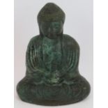 A Chinese bronze figure of a sitting Buddha with Verdigris patina. Height 17cm. Condition report: No