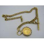 A heavy good quality 18ct gold Albert with 18ct bar, dog clip and Victorian gold sovereign 1885,
