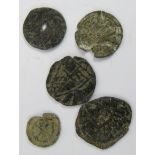 Five Medieval trade tokens c13th-15th century depicting various images including crossed keys,