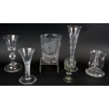 Six antique and later drinking glasses including an 18th century air twist stem wine glass, a