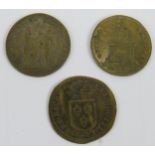 Two French Louis XV brass jetons, one dated 1743 and a similar Louise XIV brass jeton. (3).