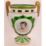 A 19th century flash cut Bohemian green glass vase with hand decorated female portrait cartouche.