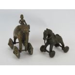 An antique Indian bronze elephant temple toy with Mahout, and a similar horse temple toy. 19th