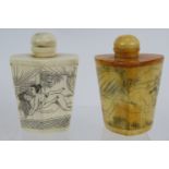 Two mid 20th century Japanese bone snuff bottles featuring etched erotic scenes. Height: 6cm (2).