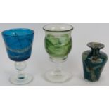 A signed Mdina glass goblet, a signed Mdina glass vase and a signed Gozo glass goblet. Tallest 15cm.