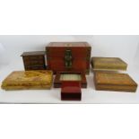 A contemporary Chinese cherry wood jewellery chest, a smaller jewellery chest and five miscellaneous