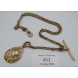 A 9ct gold graduated Albert with 9ct gold dog clip & fob, 'T' bar unmarked, approx 14" long,