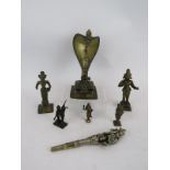 An antique Indian Votive lamp with Cobra head, five various bronze Votive figures and a white