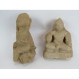 Two Hindu stone fragments. One depicting a sitting deity, possibly of antiquity. Height: 18cm and