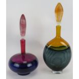 Two hand blown Encalmo spiral glass decanters by Bob Crooks, each signed to base. Tallest: 38cm. (