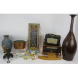 Mixed collectables including Beswick Beatrix Potter figures, 2 vintage radios, vases, copper pan,