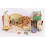 A lot of mixed decorative items including a tray, chopping board, carved tree of life, alabaster