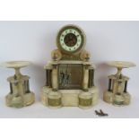 A late 19th century 3 piece French alabaster clock garniture with striking movement and mercury