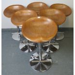 A set of six contemporary plywood bar stools by Allermuir, on hydraulically height adjustable chrome