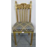 A giltwood opera chair with barley twist spindles and Greek key backrest, upholstered in blue and