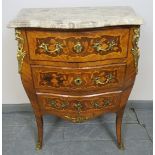 A fine quality Louis XV revival tulipwood marble topped chest of three long drawers, featuring