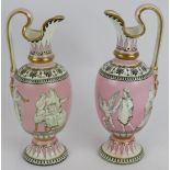 A pair of Samuel Alcock & Co porcelain Grecian urns depicting classical figures on a pink ground.