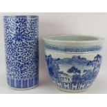 A large Chinese blue and white porcelain jardinière and a similar stick stand. Both 20th century.
