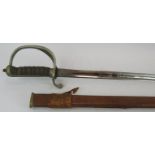 A WWI era Royal Artillery Officer's sword with etched 86cm blade, shagreen grip and leather