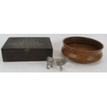 A finely cast silver plated model of a cow, a carved wood trinket box with velvet lining and a
