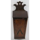 An early 19th century wall mounted oak candle/cutlery box with inlaid panel depicting a knife and