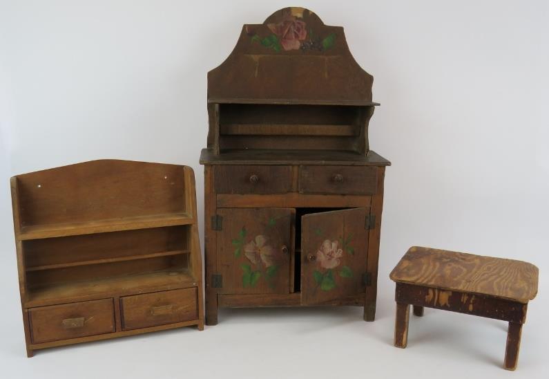 A scratch made vintage plywood miniature dresser with painted doors, a similar table and a small