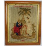 A 19th century tapestry depicting Christ and the Samaritan dated 1851 housed in a Period maple