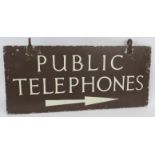 A vintage hand painted public telephones swing sign, double sided possibly from a railway station.