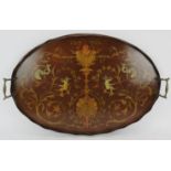 A late 19th century Sheraton Revival inlaid mahogany oval tray with various colour inlaid woods