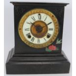 A late 19th century Japanned steel striking mantel clock by Ansonia of New York. No key. Height 25.