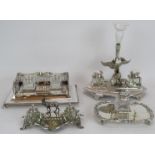 Four good quality antique silver plated inkstands, the largest with a spread eagle under a single