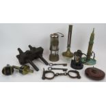 A mixed lot of collectables including woodworking tools, Davy lamps, thermometer, keys,
