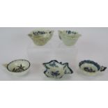 An 18th century first period Worcester porcelain first dish, two similar leaf dishes and two