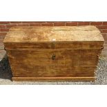 A very large antique pine dome topped trunk, with cast iron handles to either side, on a plinth