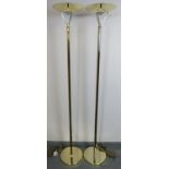 Pair of vintage Italian floorstanding uplighter lamps, finished in brass and walnut effect, on