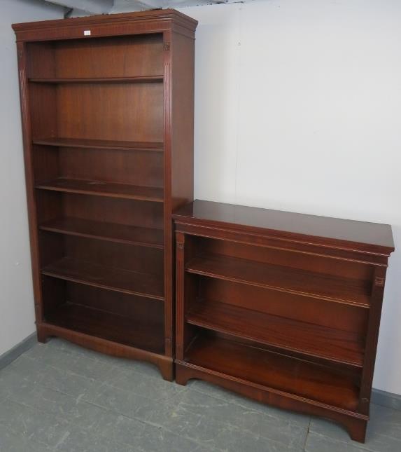 A reproduction mahogany period style tall open bookcase of five height adjustable shelves, flanked - Image 2 of 3