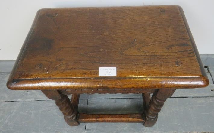 A 19th century oak joint stool in a 17th century taste, with chisel carved frieze, on barley twist - Image 3 of 3