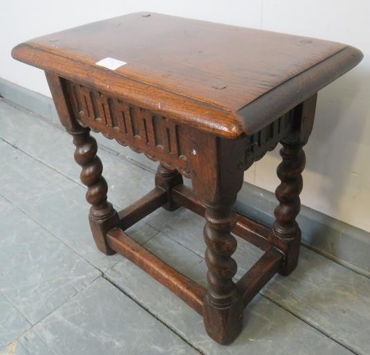 A 19th century oak joint stool in a 17th century taste, with chisel carved frieze, on barley twist - Image 2 of 3