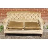 An Edwardian mahogany button backed two-seater sofa, upholstered in beige draylon with rope