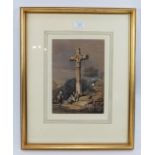 Attributed to Samuel Prout (1783-1852) - 'Peasants by a Wayside Cross', watercolour, 25cm x 17cm,